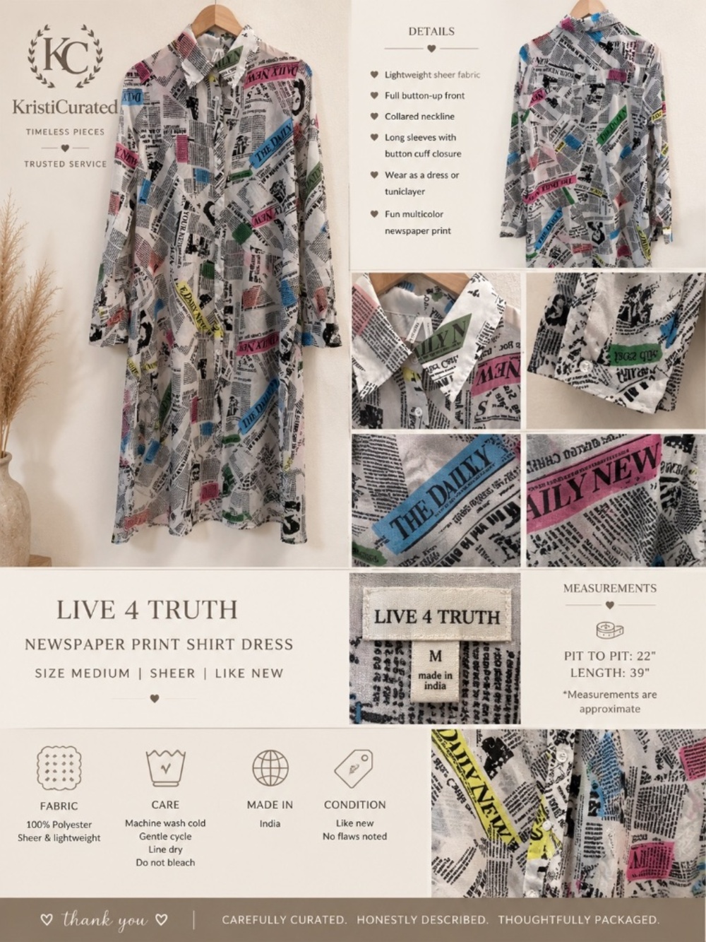 Live 4 Truth Newspaper Print Sheer Shirt Dress Tunic Medium - Picture 2 of 7